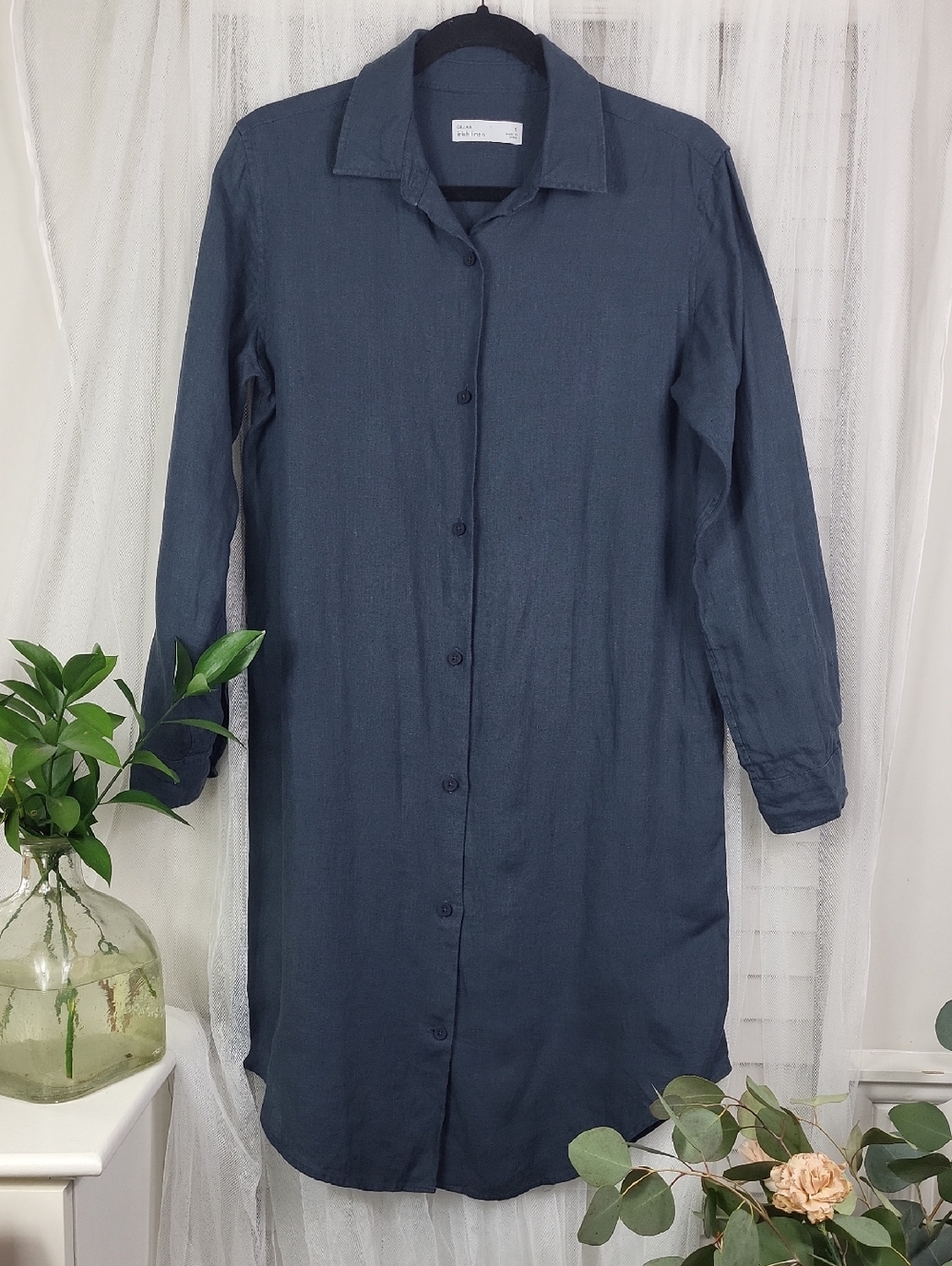 Grana Irish 100% Linen Deep‎ Navy Long Sleeve Button-Front Shirt Dress. Size S